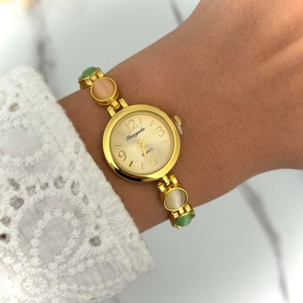 Sku:0223 vintage style gold mini watch with multicolored‎ stones + in a gift box